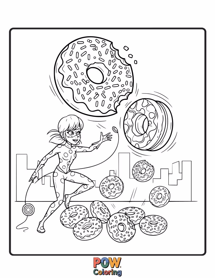 Free coloring page of Marinette accidentally creates a giant, sticky donut that Ladybug and Cat Noir are trying to escape.