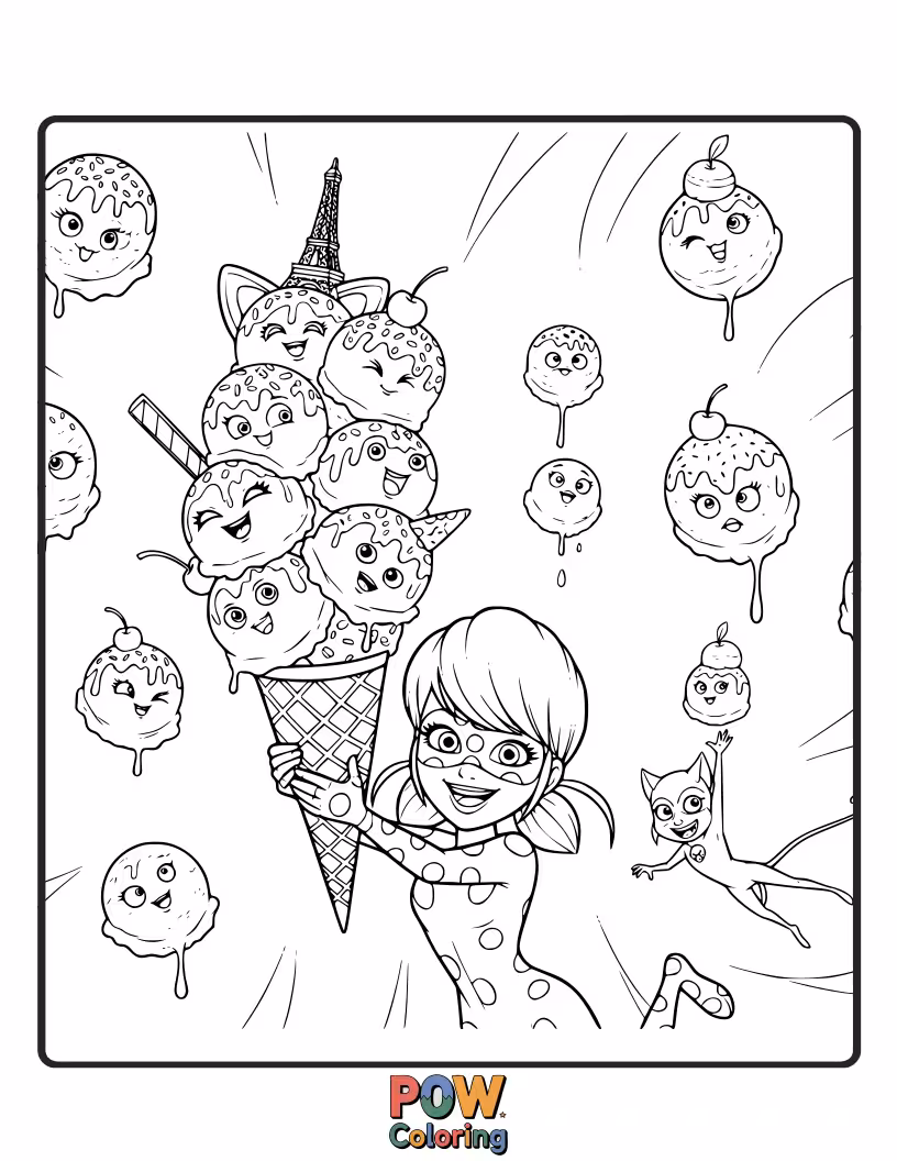 Free coloring page of Cat Noir's ice cream cone has melted and is dripping all over him in a comical fashion.