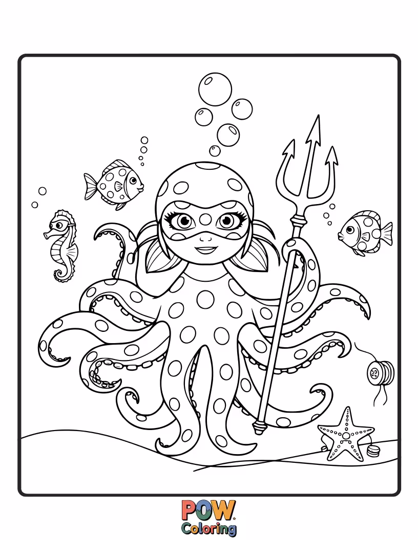 Free coloring page of Cat Noir is trying to untangle himself from an akumatized octopus's many arms.