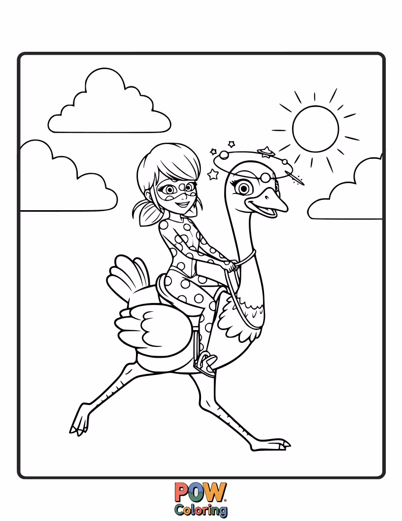 Free coloring page of Cat Noir is attempting to swing from a very tall, akumatized ostrich.