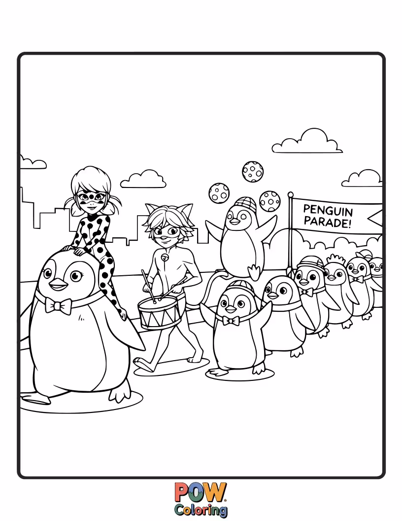 Free coloring page of Cat Noir is leading a parade of penguins who are all wearing tiny hats.