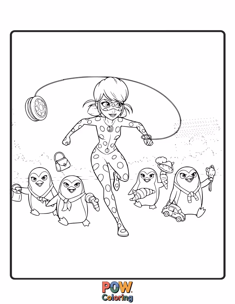 Free coloring page of Marinette is trying to catch a runaway group of akumatized penguins.