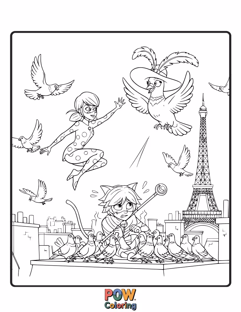 Free coloring page of Ladybug is trying to balance on a stack of very confused pigeons.