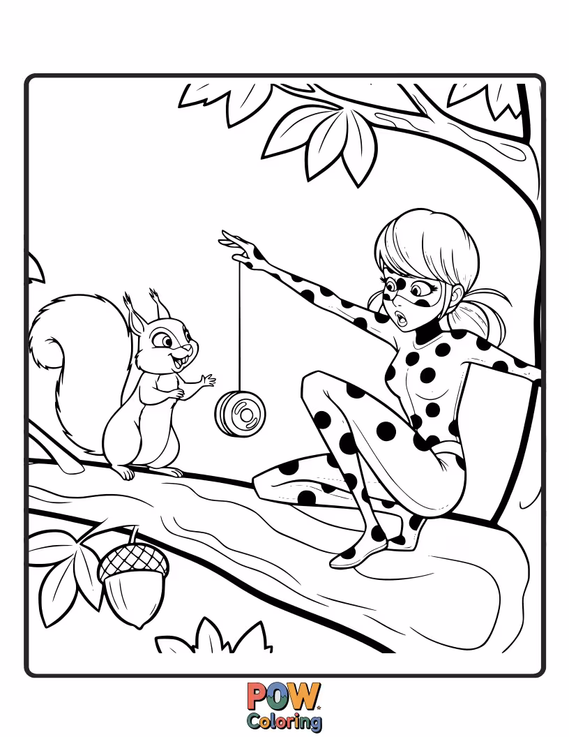 Free coloring page of Cat Noir is trying to chase away a group of mischievous squirrels stealing his cheese.