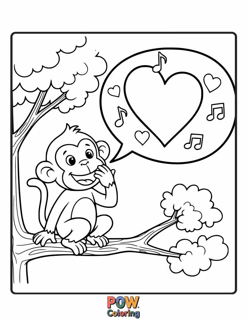 Free coloring page of A playful monkey is swinging from a vine shaped like a heart, calling out to its beloved this Valentine's Day.