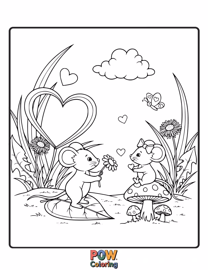 Free coloring page of A tiny mouse offers a perfectly formed heart-shaped cheese slice to its Valentine, a small gesture with big affection.