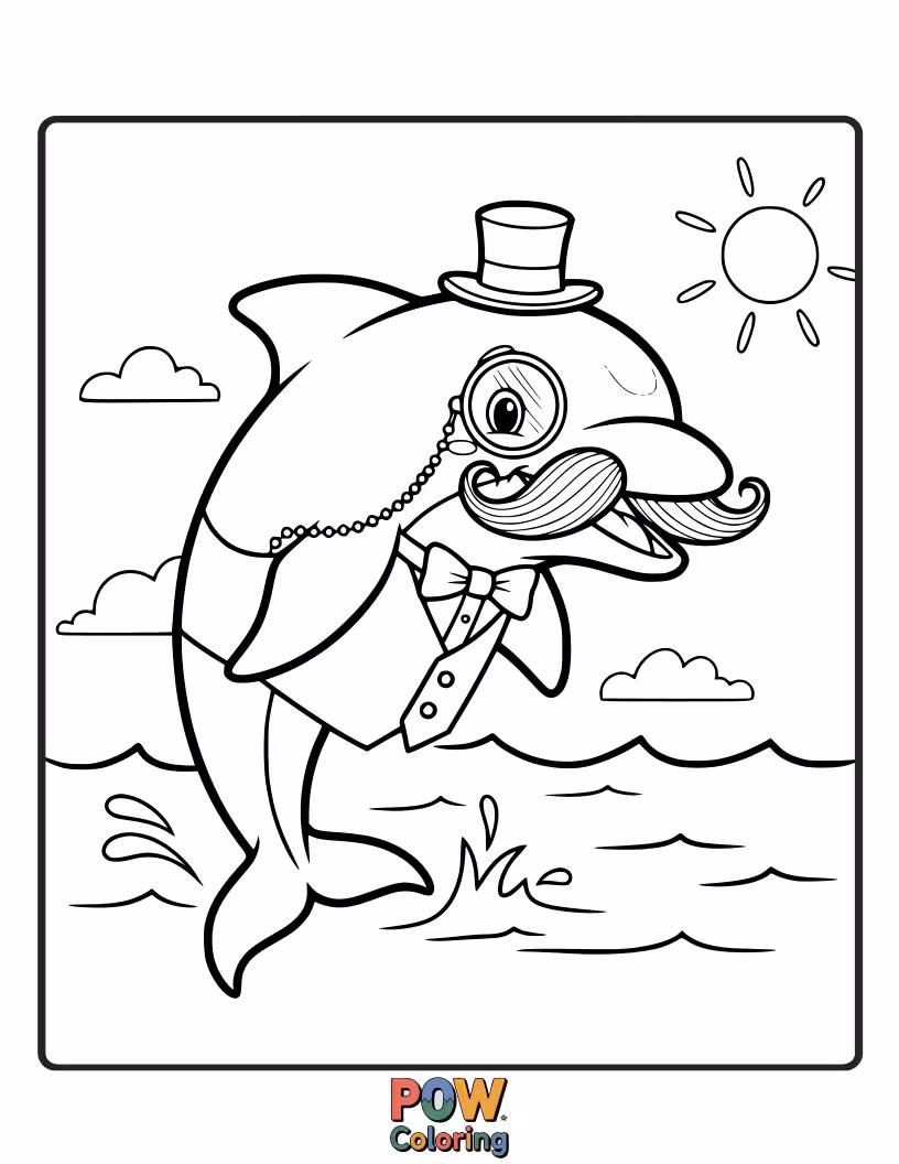 Free coloring page of A distinguished dolphin sporting a fancy, curly mustache. Quite debonair, wouldn't you agree?
