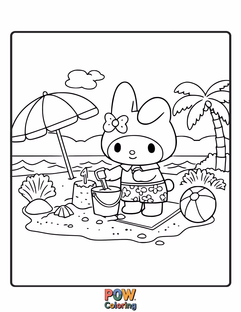 Free coloring page of Head to the beach with My Melody for a day of sun, sand, and ocean waves.