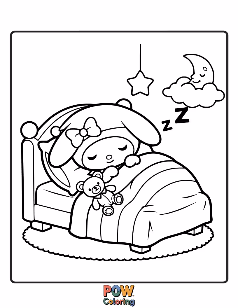 Free coloring page of My Melody snuggled in bed, dreaming sweet dreams with a pillow.