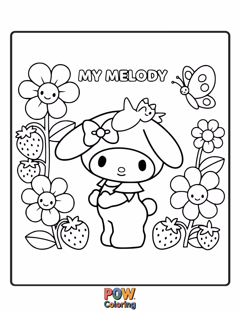 Free coloring page of My Melody tending to a beautiful garden filled with blooming flowers and friendly butterflies.