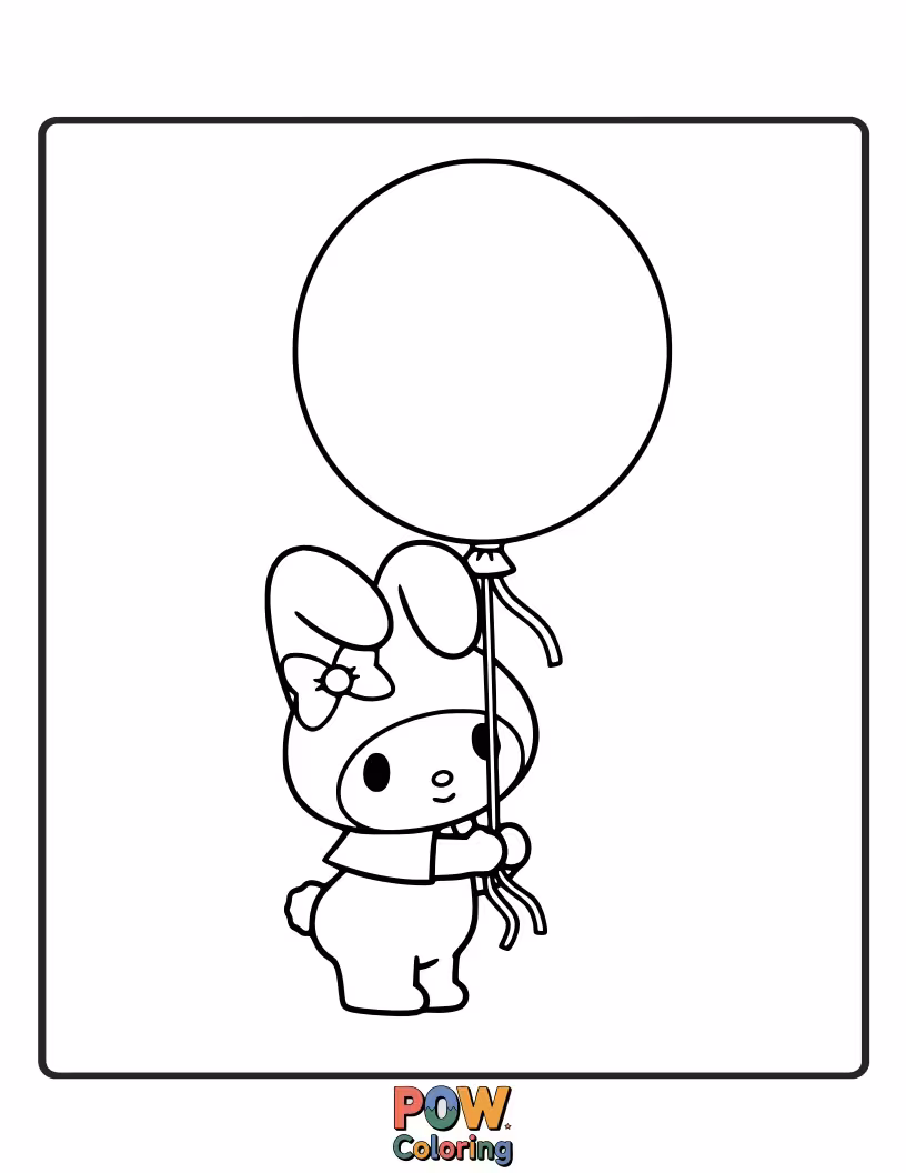 Free coloring page of My Melody holding a large, festive balloon, perfect for adding a pop of color and celebration.