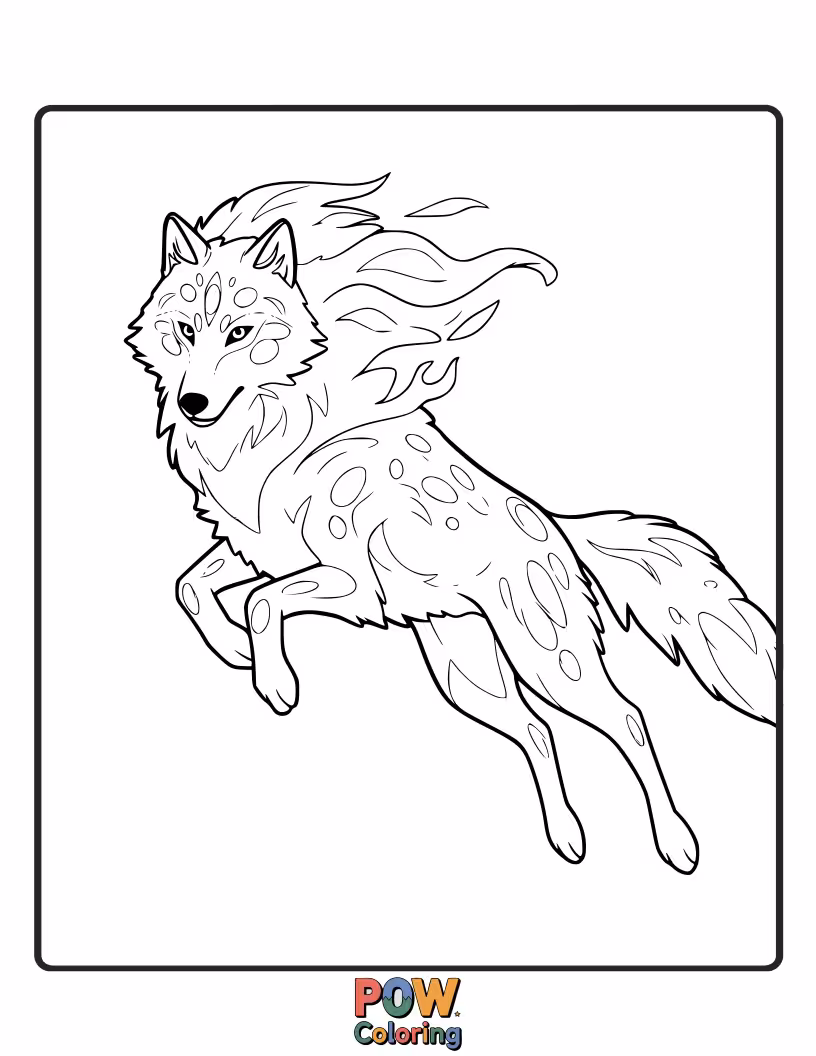 Free coloring page of A mystical wolf with ethereal patterns and glowing eyes, representing strength and wisdom.