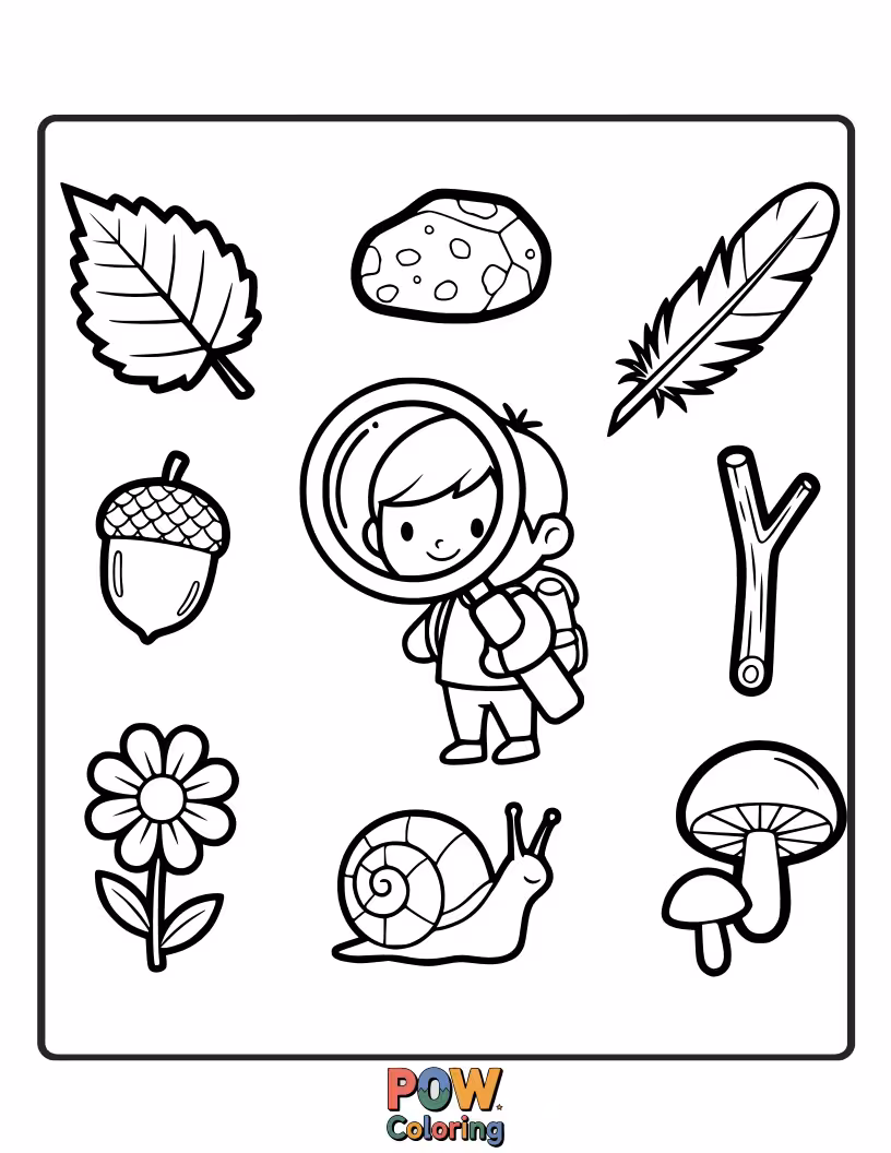 Free coloring page of A list of items to find in nature like a pinecone, smooth stone, and a fallen leaf. Engage with the natural environment.
