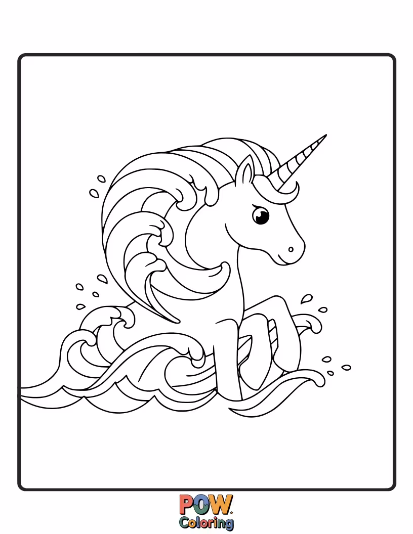 Free coloring page of Powerful unicorn with a mane like crashing ocean waves.