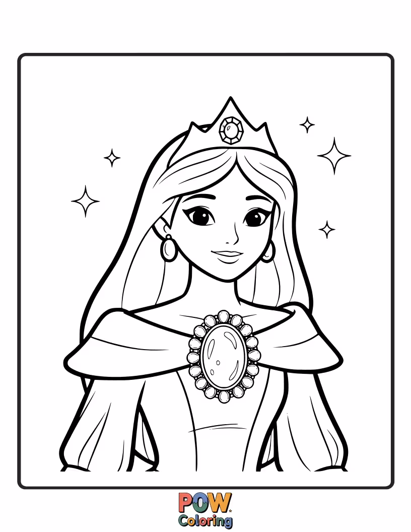 Free coloring page of An artistic princess wearing a unique brooch featuring the shimmering colors of an opal.