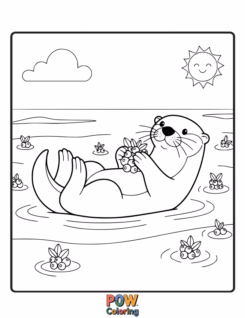 Free coloring page of An otter enjoying a snack of sweet berries from a bush. Introduces different food sources.