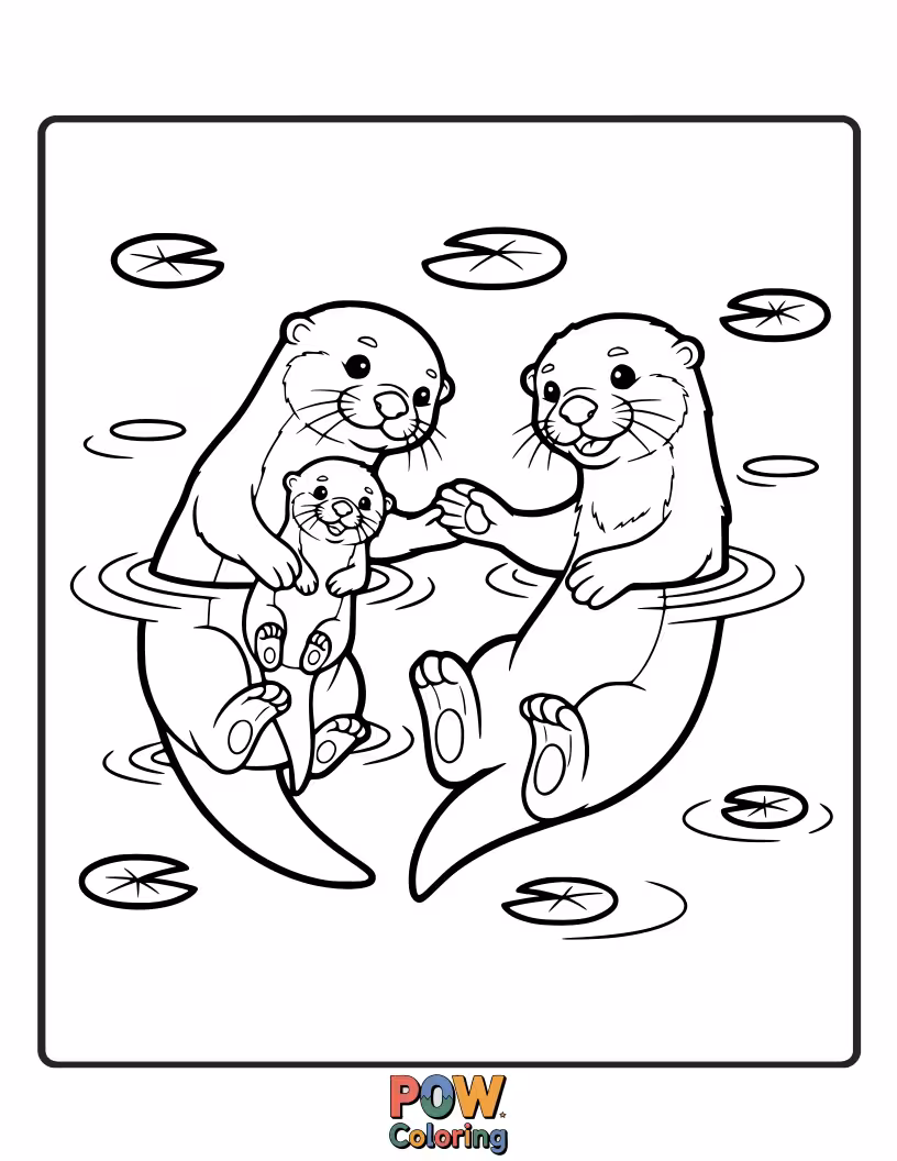 Free coloring page of A whole otter family relaxing and floating together on their backs. Promotes coloring patterns and textures.