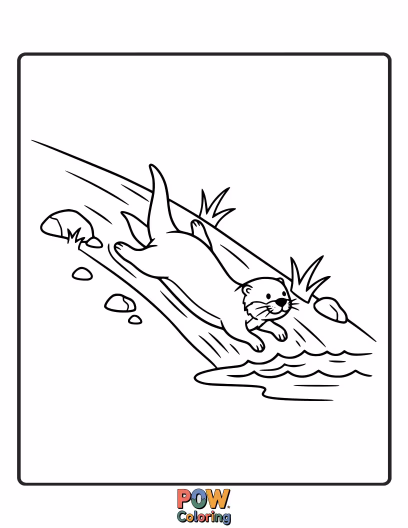 Free coloring page of An energetic otter gleefully sliding down a muddy riverbank. Lets kids explore dynamic poses and movement.