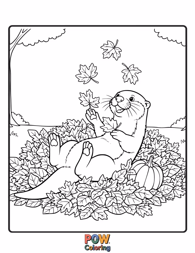 Free coloring page of An otter playing amongst colorful fallen autumn leaves. Encourages exploration of seasonal palettes.