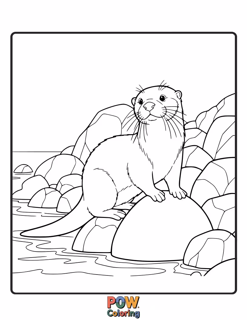 Free coloring page of An otter resting on a rocky coastline, with gentle waves in the background. Offers varied textures to color.