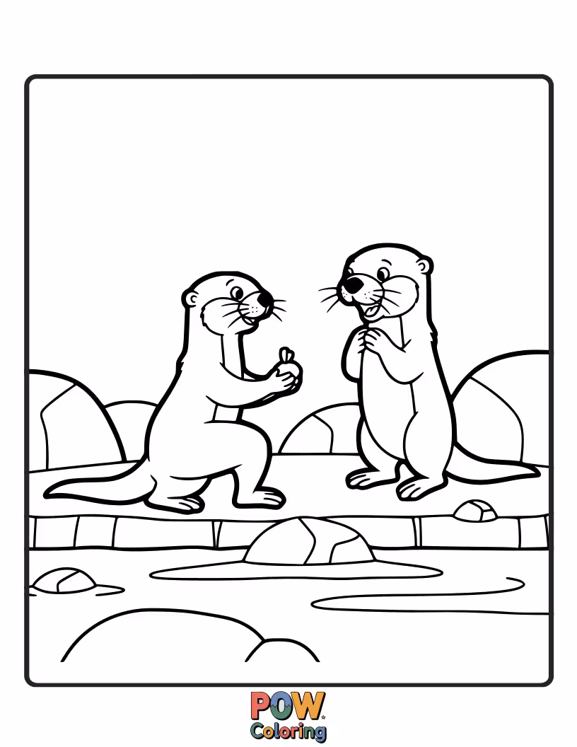 Free coloring page of Two otters are playfully tossing heart-shaped pebbles to each other in the water, a fun and loving Valentine's game.