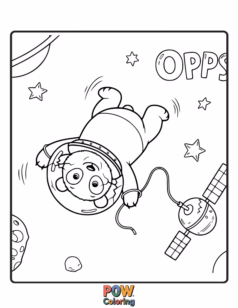 Free coloring page of A panda in a spacesuit floating upside down in zero gravity, chasing a rogue bamboo shoot.
