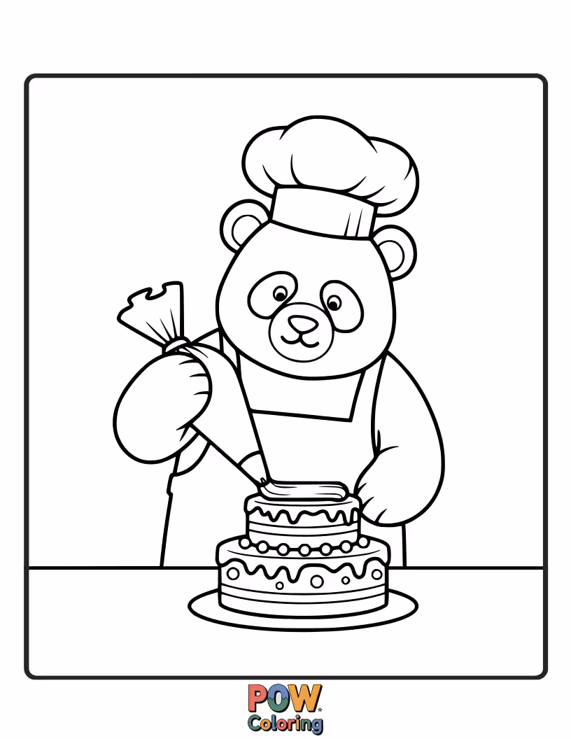 Free coloring page of A panda gleefully covering a giant cookie with an excessive amount of frosting.