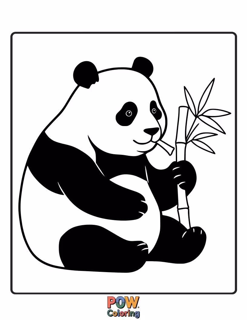 Free coloring page of A charming panda bear enjoying a tasty bamboo shoot. Focuses on simple shapes and pattern recognition.