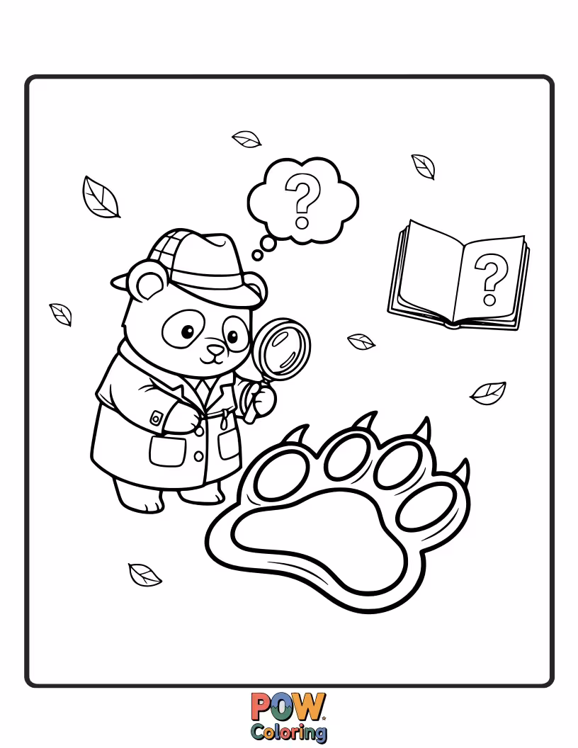 Free coloring page of A panda wearing a trench coat and magnifying glass, examining a mysterious spilled ink puddle.