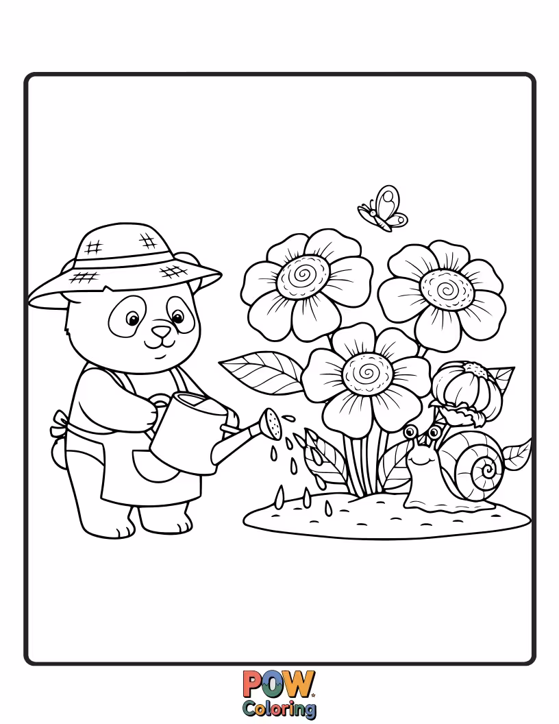 Free coloring page of A panda tending to a flower that is as big as he is.