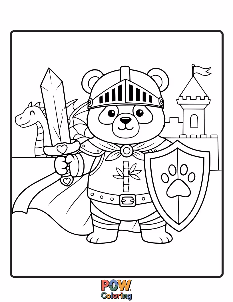 Free coloring page of A panda in clumsy armor, bravely facing a tiny, grumpy ladybug.