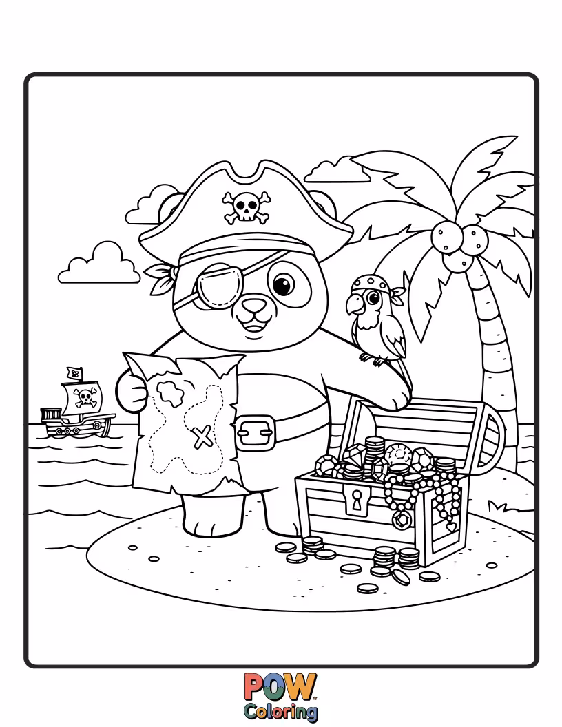 Free coloring page of A panda with an eyepatch and a tiny pirate hat, digging for bamboo treasure.