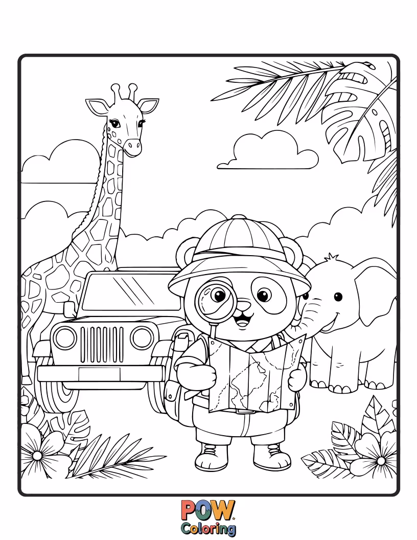 Free coloring page of A panda peeking out from behind a bush with binoculars, looking confused.