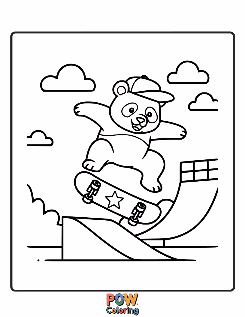 Free coloring page of A panda attempting a skateboarding trick, with arms and legs flailing wildly.