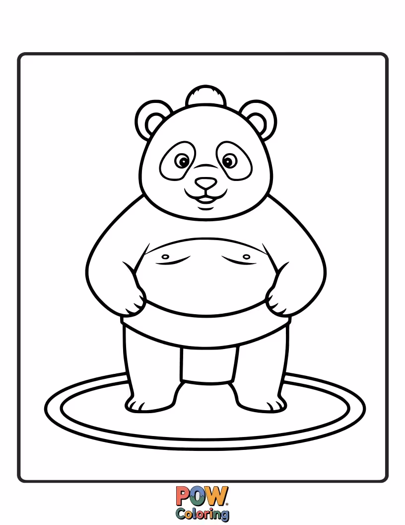Free coloring page of A plump panda in a sumo mawashi, striking a dramatic pose before a tiny opponent.