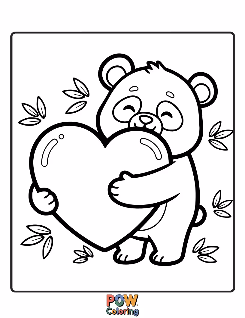 Free coloring page of A cuddly panda is giving a big, warm hug to its Valentine, with bamboo stalks arranged in a heart shape.