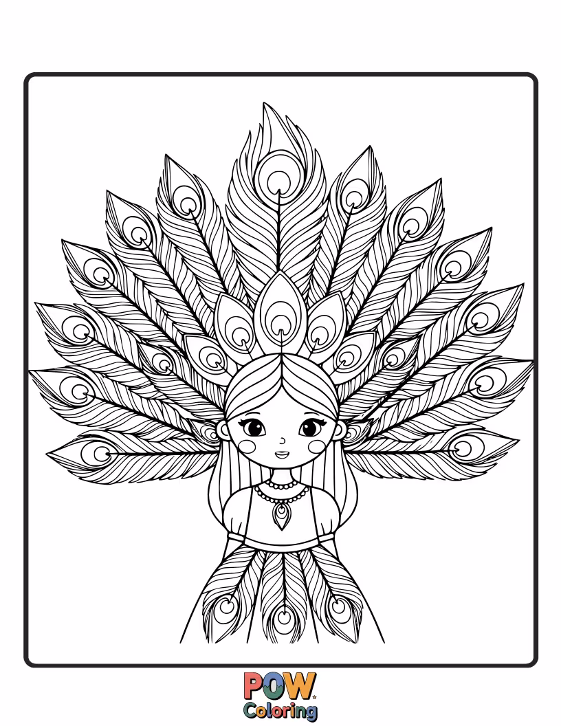 Free coloring page of A graceful princess adorned with elegant peacock feathers, showcasing her regal style.