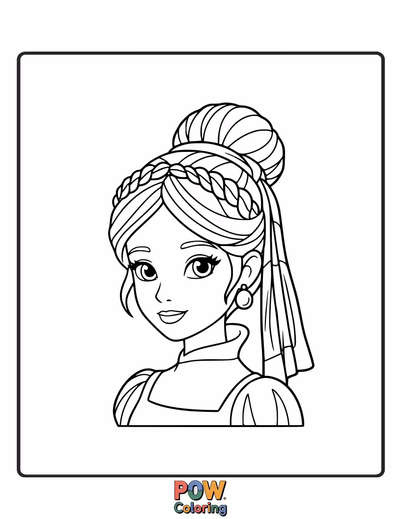 Free coloring page of A sophisticated princess wearing classic, lustrous pearl earrings that complement her look.