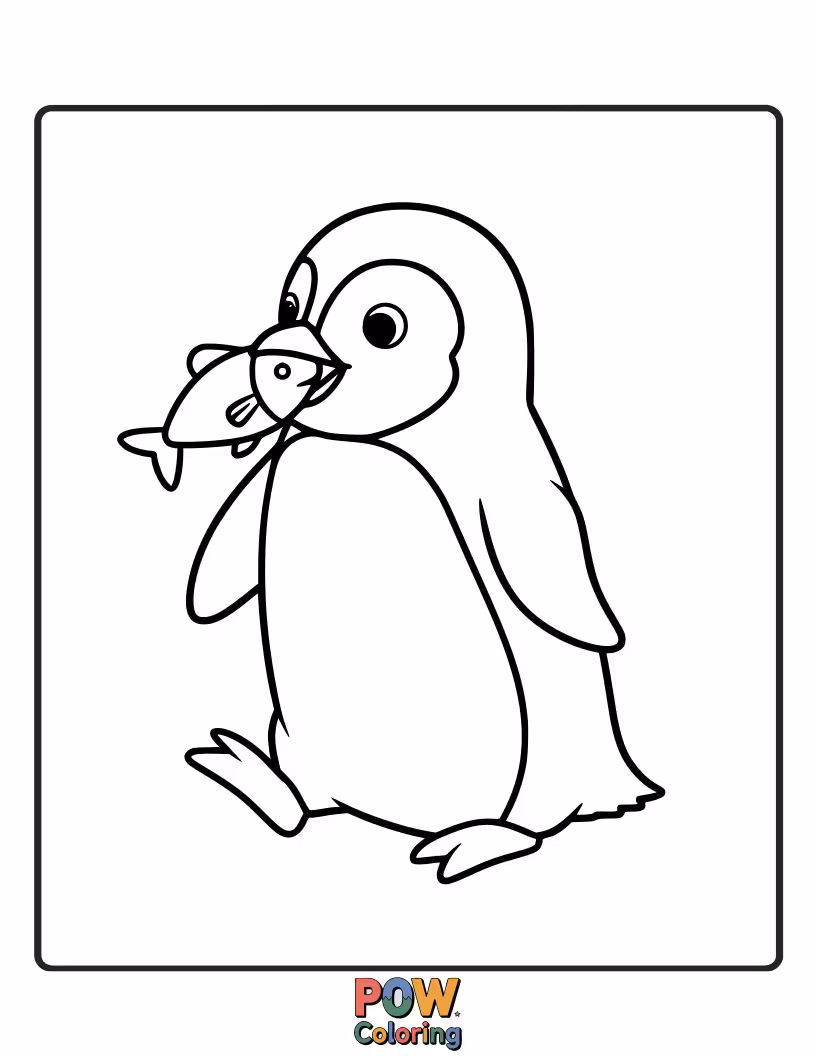 Free coloring page of A hungry penguin happily munching on a tasty fish. Kids can add vibrant colors to the fish and the penguin's surroundings.