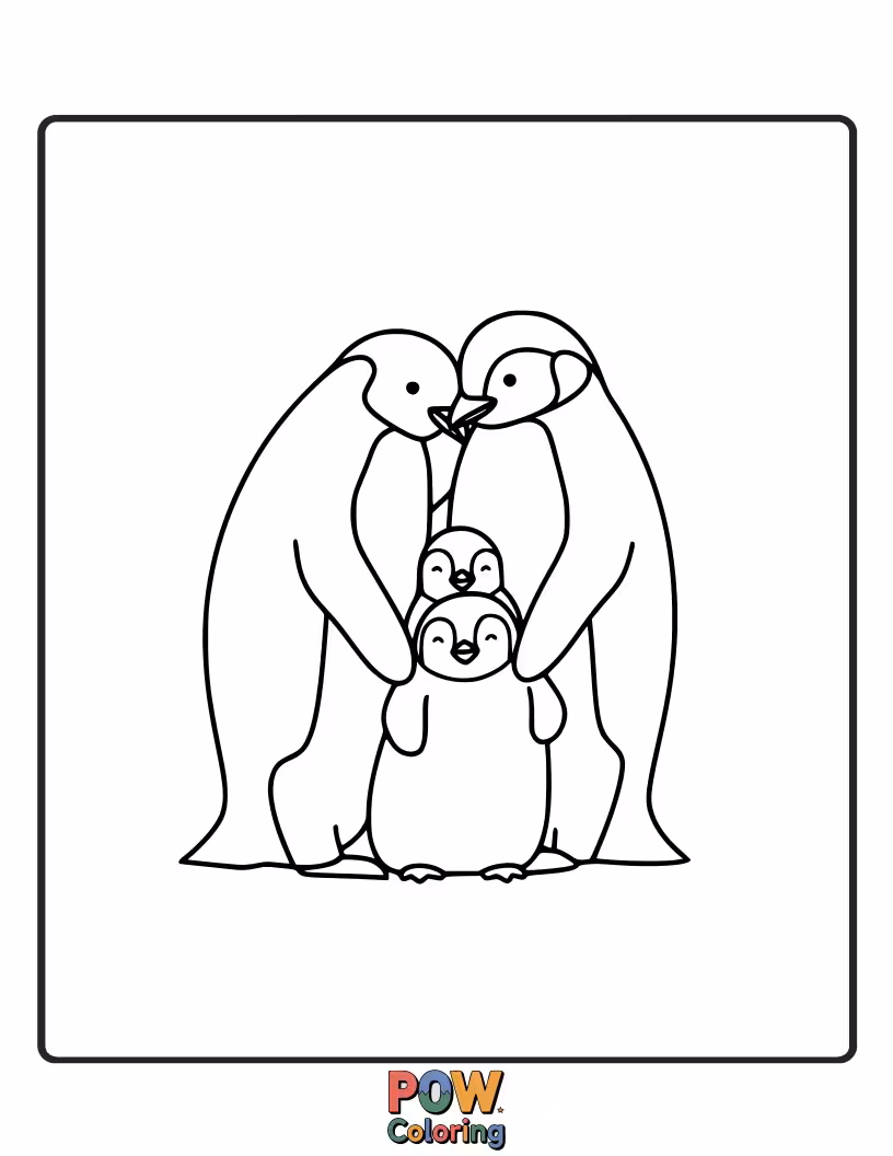 Free coloring page of A loving penguin family in a warm embrace. This heartwarming scene is ideal for teaching about family and relationships through coloring.