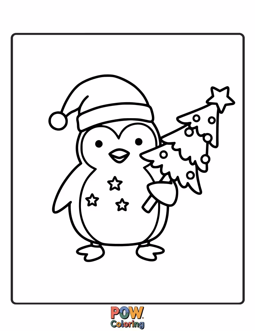 Free coloring page of A festive penguin decorating a Christmas tree. This holiday-themed page is excellent for practicing detailed coloring and festive colors.