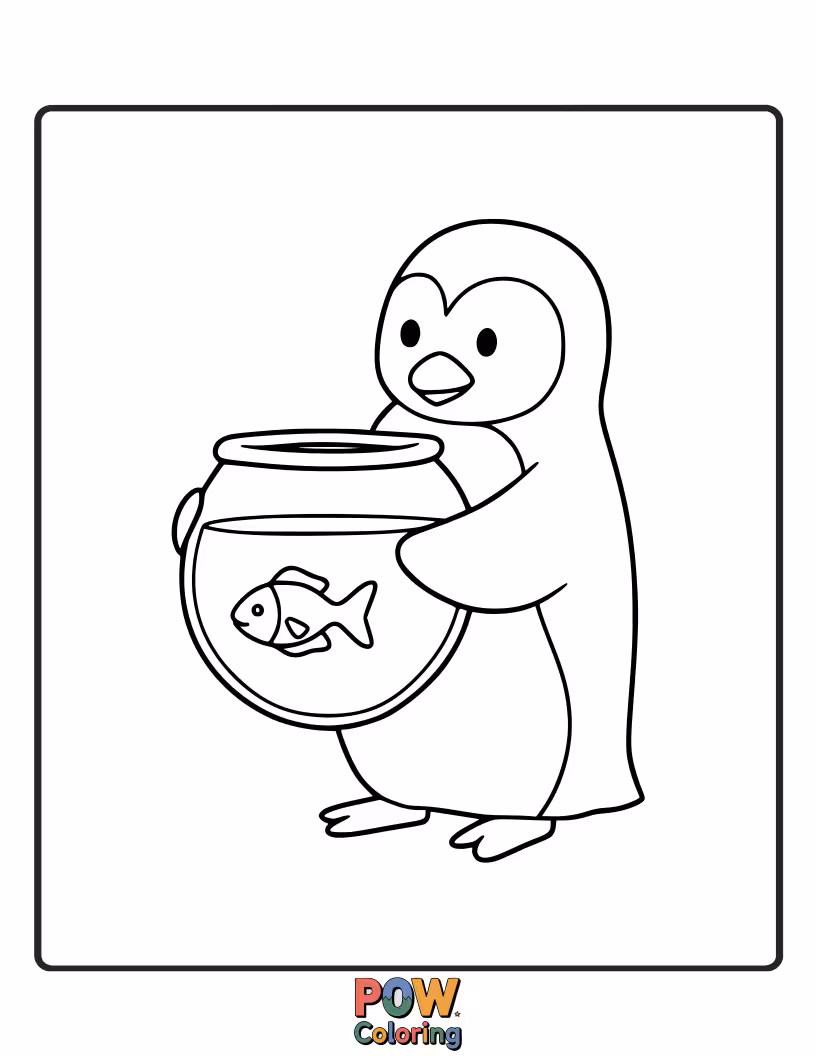 Free coloring page of A playful penguin trying to catch a fish in a small bowl. This imaginative scene allows for creative interpretation of water and fish colors.
