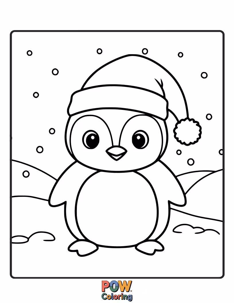 Free coloring page of A jolly penguin dressed in a Santa hat. This simple and festive design is ideal for very young children to color.