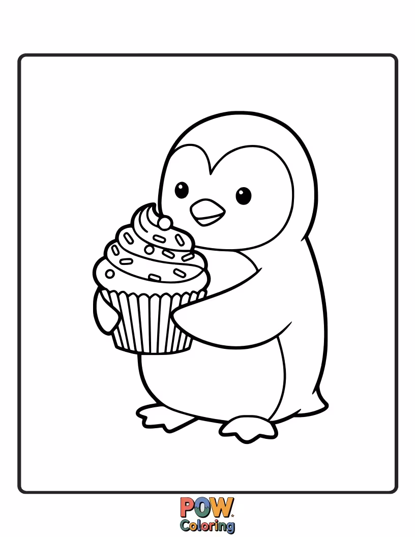 Free coloring page of A joyful penguin about to eat a yummy cupcake. Kids can get creative with frosting colors and sprinkle designs.