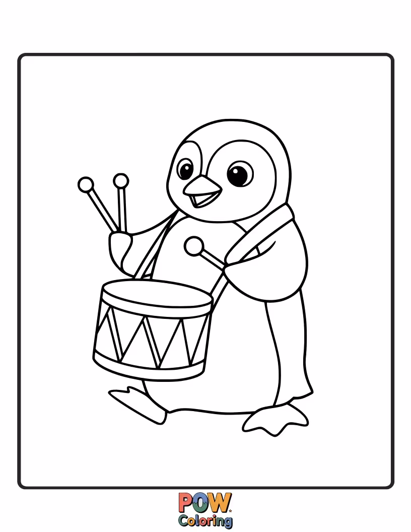 Free coloring page of A rhythmic penguin happily playing a drum. This musical page allows for creative drum designs and energetic coloring.