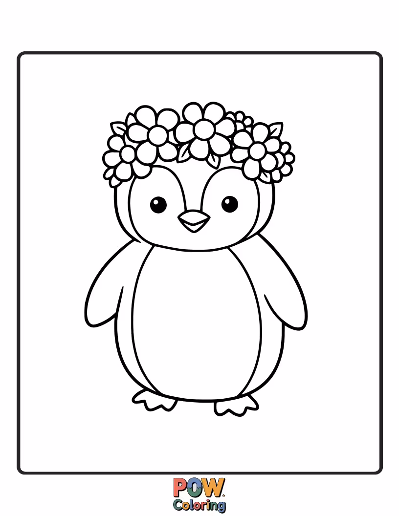 Free coloring page of A gentle penguin wearing a crown made of beautiful flowers. This delicate design is perfect for exploring nature-inspired colors.