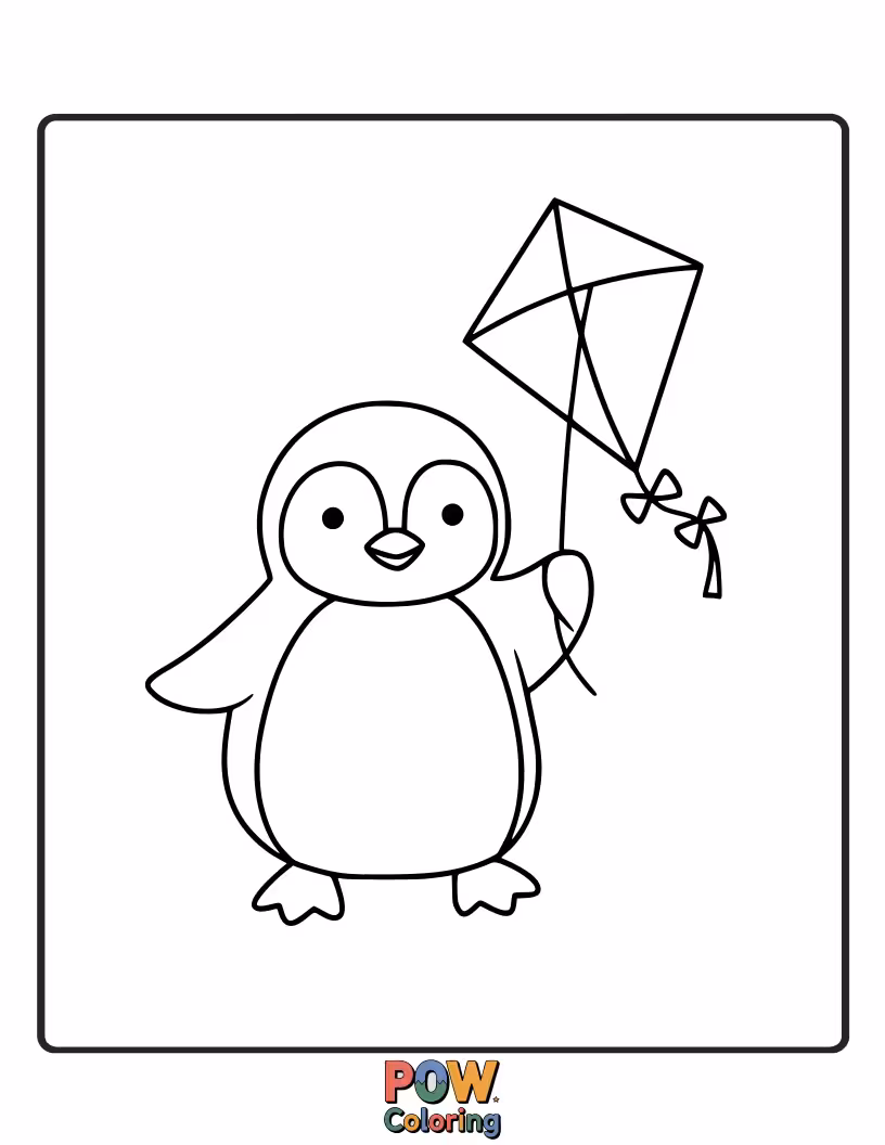 Free coloring page of A happy penguin flying a colorful kite on a windy day. This cheerful image allows for vibrant kite designs and sky colors.