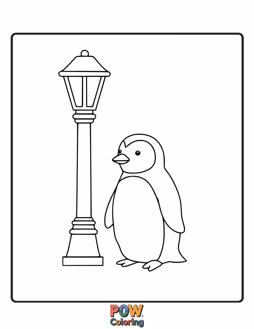 Free coloring page of A charming penguin standing near a glowing lamp post. This scene creates a cozy, nighttime atmosphere perfect for soft colors.