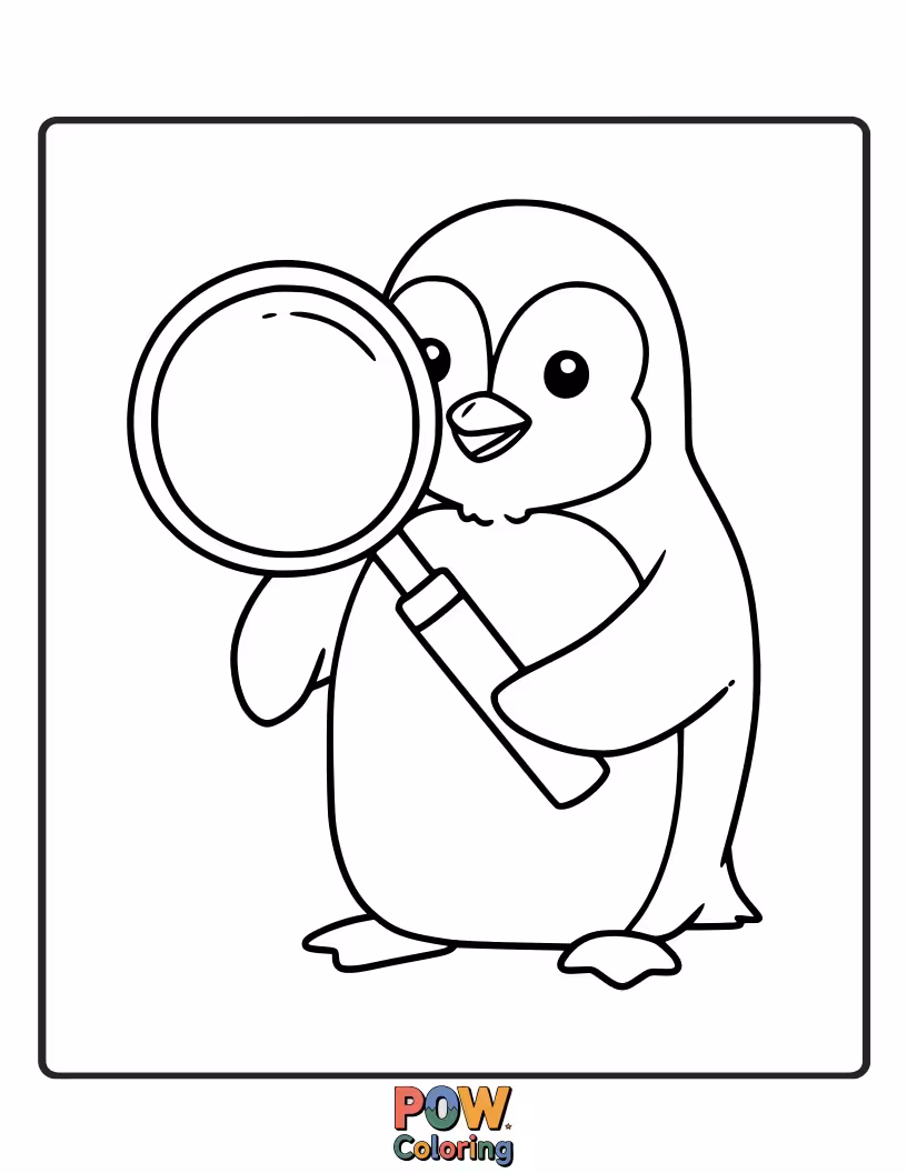 Free coloring page of A curious penguin examining something small with a magnifying glass. This encourages observation and detailed coloring of tiny elements.