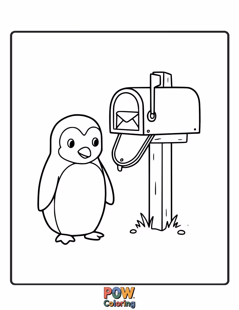 Free coloring page of A helpful penguin delivering mail from a mailbox. This everyday scene is great for practicing fine motor skills and detail.